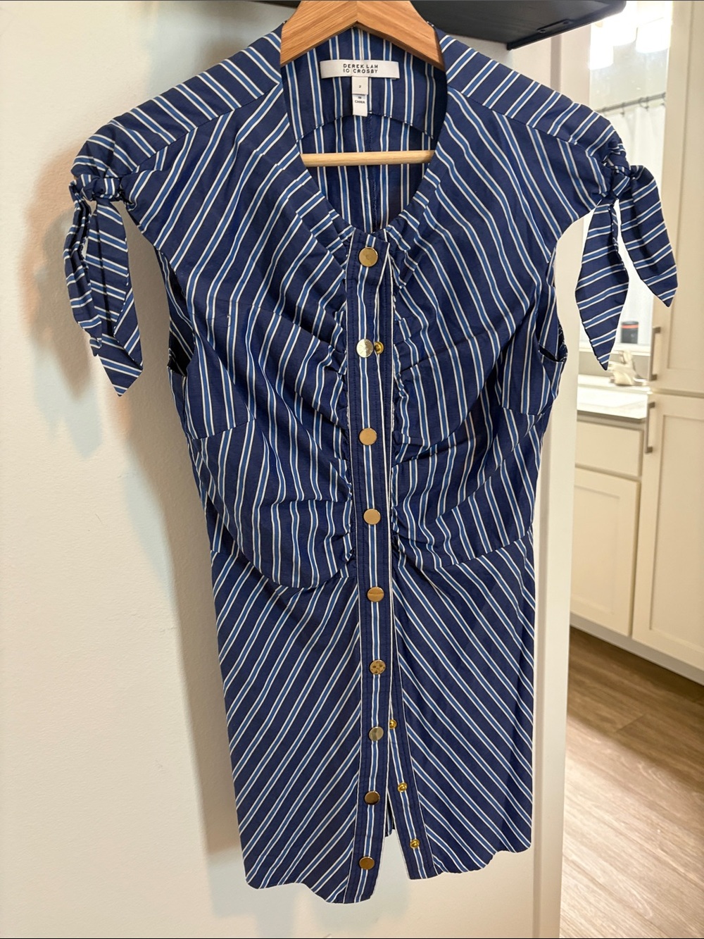 Dockers Navy and White Striped Button-Front Midi Dress with Tie Sleeves